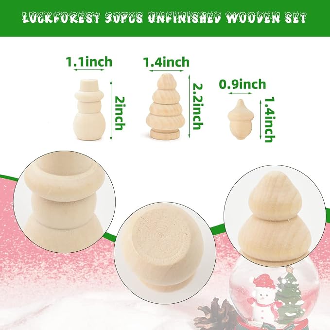 30Pcs Unfinished Wooden Set, Snowman Dolls Craft Christmas Tree Acorns Blank - Image 7