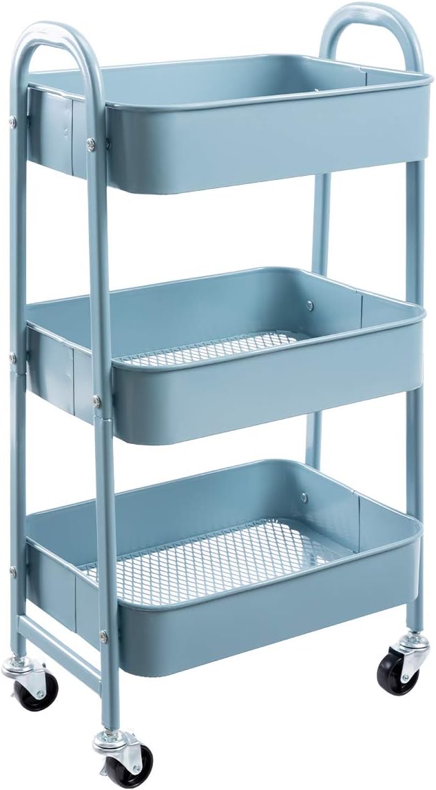 AGTEK Makeup Cart, Movable Rolling Organizer Cart, Grey-Blue 3 Tier Metal Utility Cart