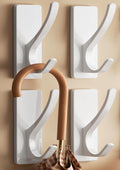 White Self Adhesive Coat Hooks for Hanging, Heavy Duty Stainless Double Wall Hook for Towel, Backpack, Hat, Sturdy Metal Hanger for Bathroom, Bedroom, Door, Wall Mounted, 4-Pack
