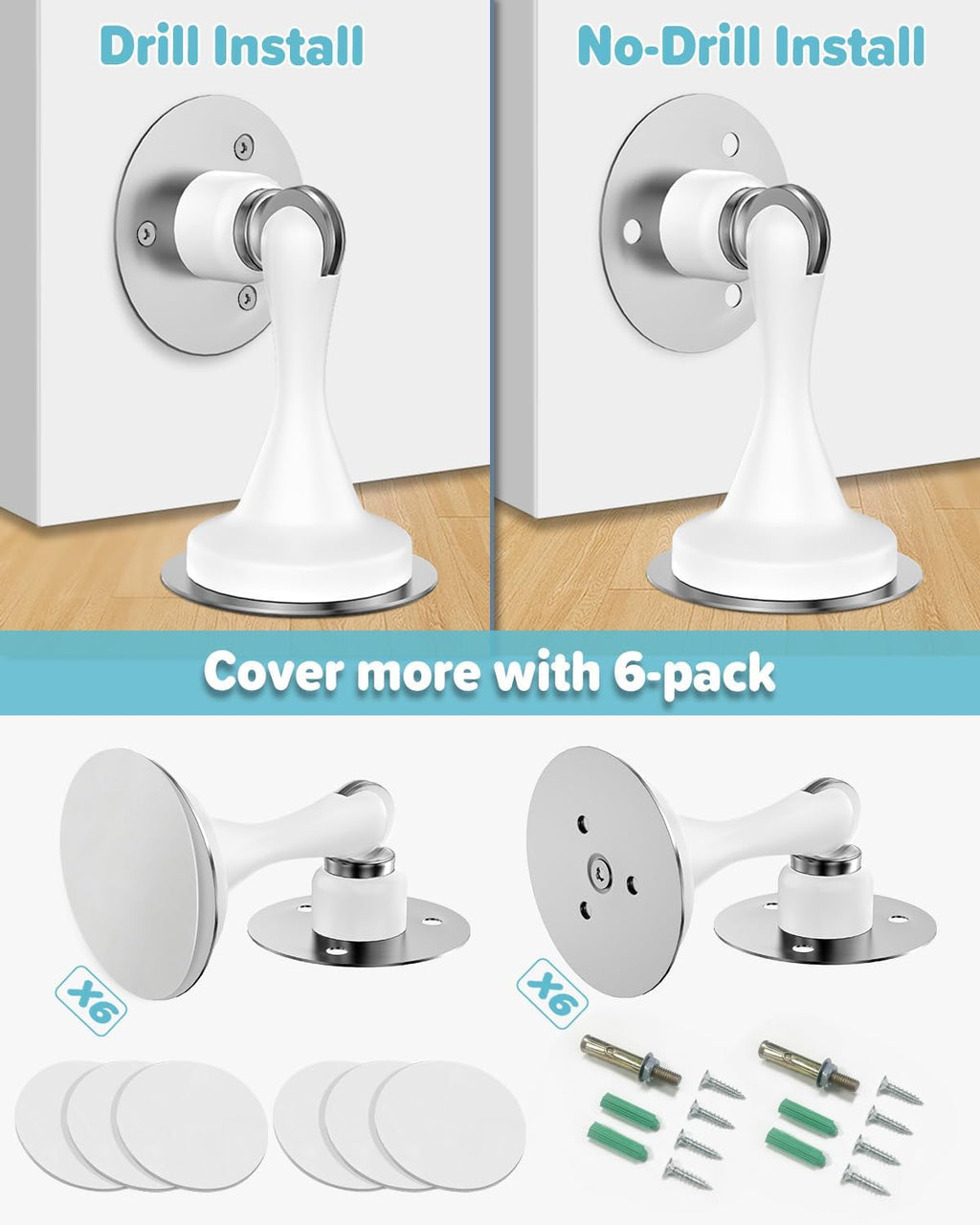Door Stoppers Magnetic Door Catch - 6 Pack Stainless Steel Heavy Duty Door Stops for Bottom of Door, Wall & Floor Mounting No-Drill Strong Adhesive & Screws, Strong Door Holder to Keep Door Open,White