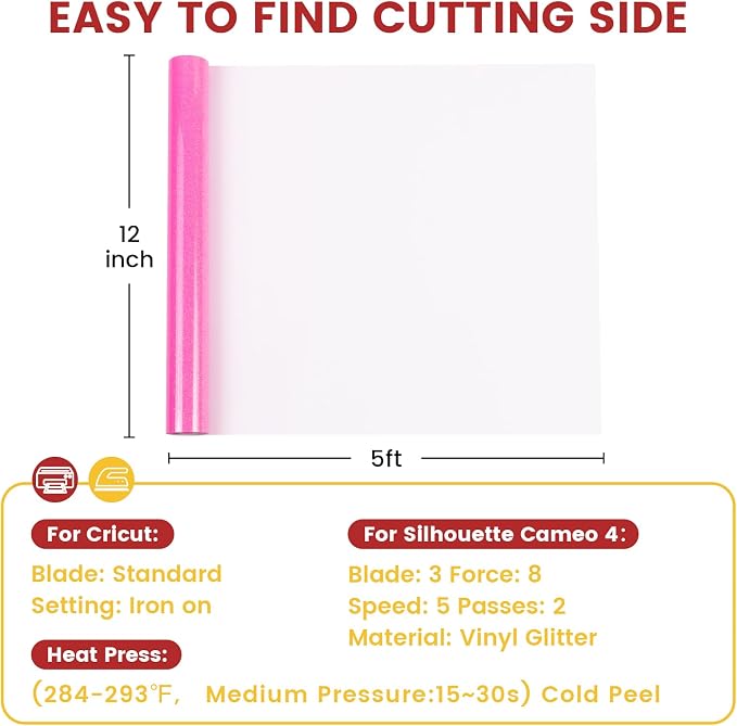 DUEUIOE Hot Pink Glitter Heat Transfer Vinyl 12" x 5FT - Image 2