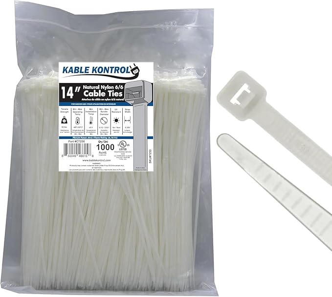 Kable Kontrol Cable Zip Ties Natural White 1000 Pcs 14 Inch, 50 Lbs Tensile by KABLEKONTROL%C2%AE