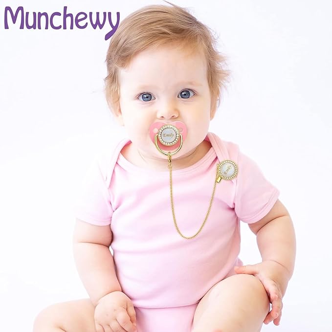 Personalized Pacifier with Name, Customized Pacifier Clip Set with Gift Box, Glitter Crystal Luxurious Soother Dummy Ideal Gift for Boys Girls Baby Shower Newborn Photography(Bling Gold)