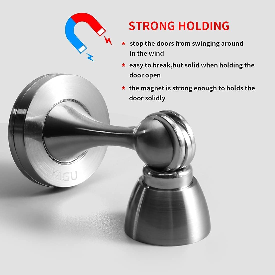 YAGU 1 Pack Silver Magnetic Door Stoppers Catch, Zinc Alloy Brushed Nickel Door Stops Holder Wall Floor Mounted, Magnet Metal Soft-Catch