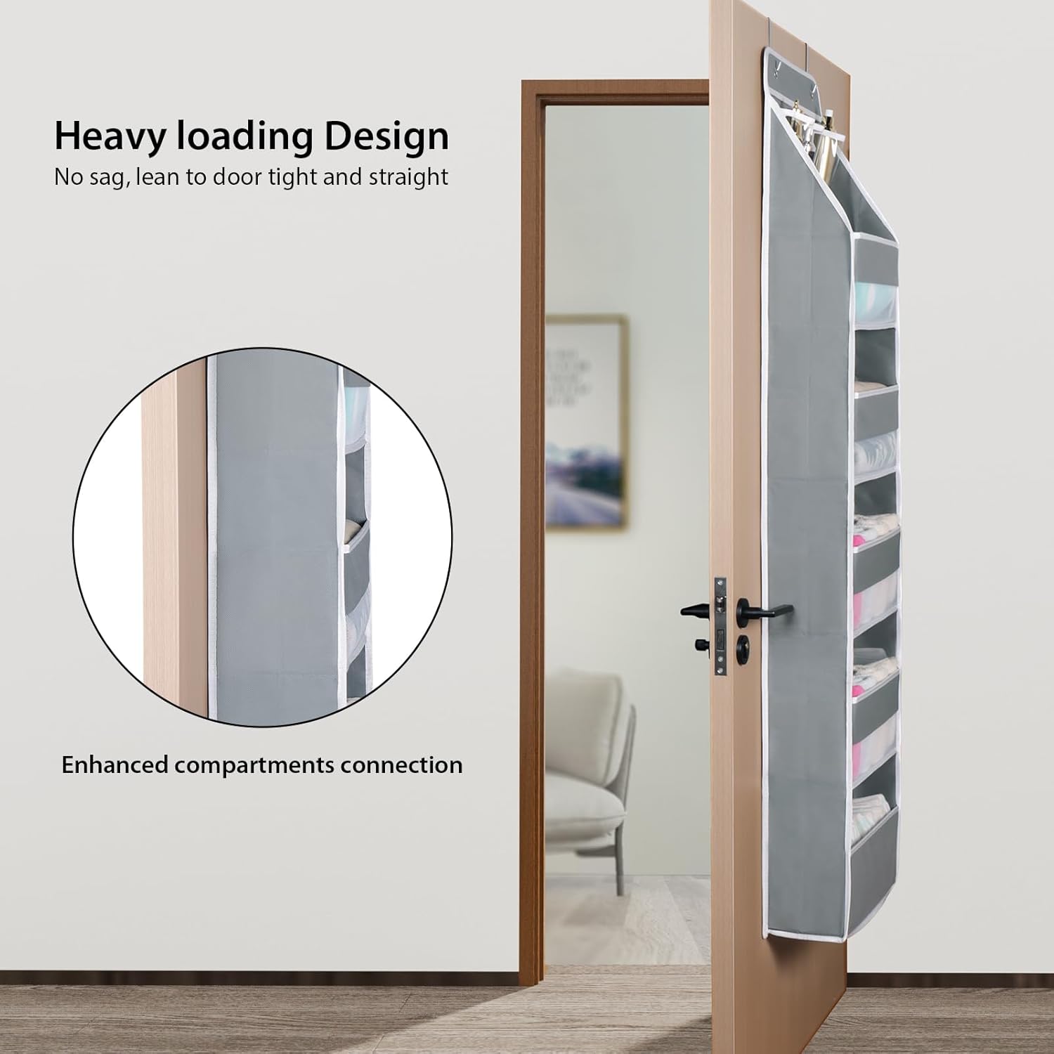 Univivi 6-Shelf Over Door Hanging Organizer Fabric Baby Door Storage with 5 Large Pockets and 3 Small PVC Pockets Wall Mount Hanging Storage Organizers for Baby Essential (Grey)