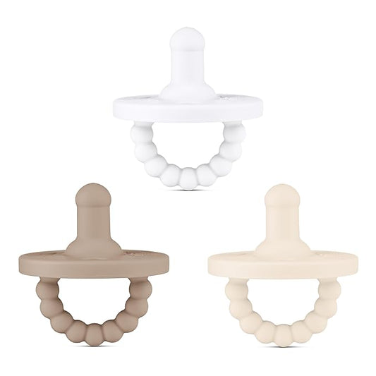 Ryan & Rose Cutie PAT All-in-One Pacifier and Teether Massaging Teething Ring and Hideaway Binky for Growing Babies (Canvas (3 Pack), Stage 1)