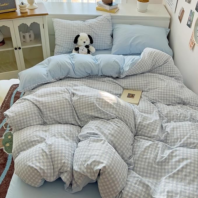 Nayoroom Blue Gingham Duvet Cover Queen Size Reversible Plaid Checkered Duvet - Image 4