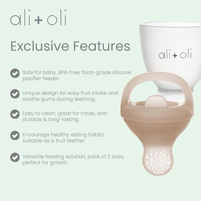 Ali+Oli (2-pc) Food & Fruit Feeder Pacifier (Oat & Coco) Set for Baby, BPA-Free Food-Grade Silicone Fruit Pacifier Feeder, Infant & Toddler Teether Soother, Fruit Teethers for Babies