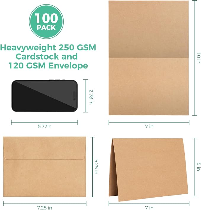 Ohuhu A7 Blank Brown Kraft Cards and Self-Seal Envelopes 100 Pack | 5" x 7" - Image 2