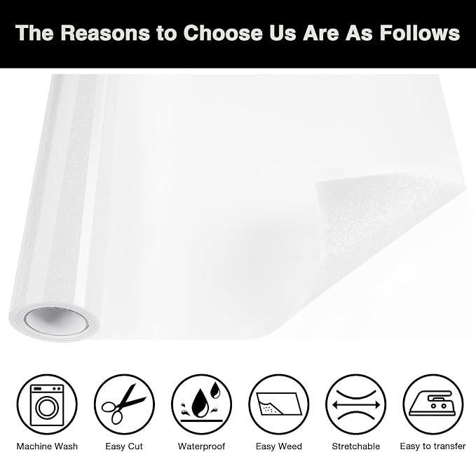 White Glitter HTV Heat Transfer Vinyl Roll 12inch x 5 ft - Image 3