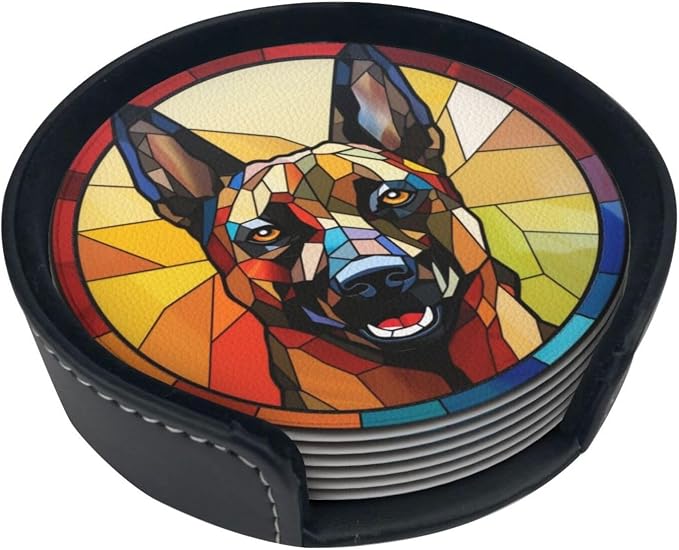 Drink Coaster Set of 6, Belgian Malinois Dog Mom Lover Gift, Leather Drink by petloverdoglovercommunity