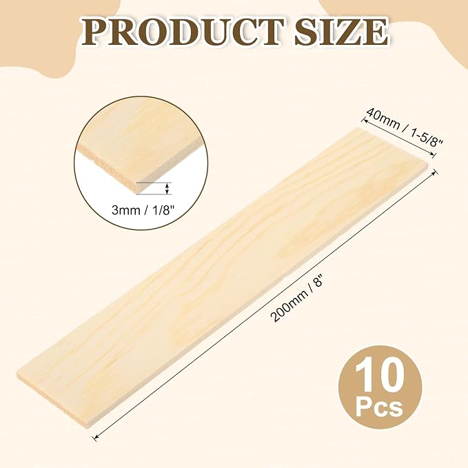 MECCANIXITY 10Pcs Wood Strips Slats, 1/8" x 1‑5/8" x 8" Thin Wood Sticks Flat - Image 2