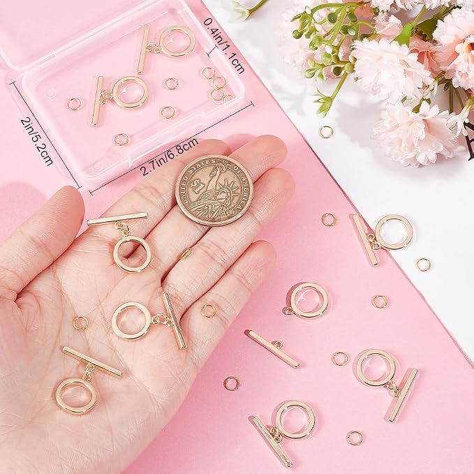 Beebeecraft 1 Box 10Pcs Toggle Clasp 18K Gold Plated Smooth Ring T-bar Closure - Image 3