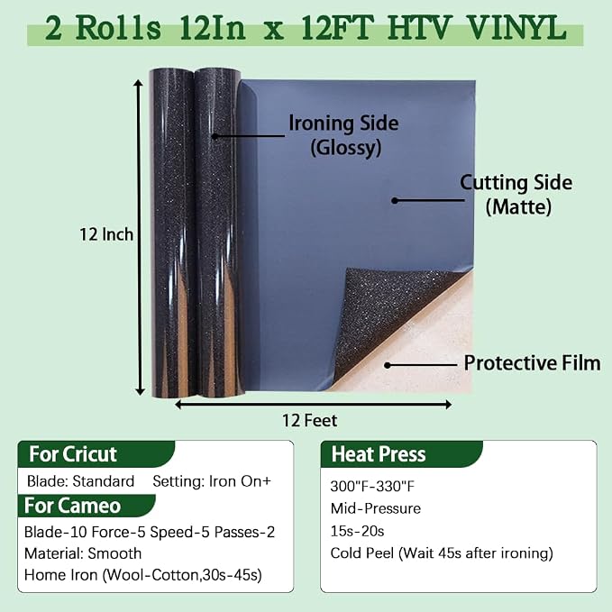 guangyintong Glitter Black Heat Transfer Vinyl HTV Rolls, 2 Rolls 12" x 12ft - Image 2