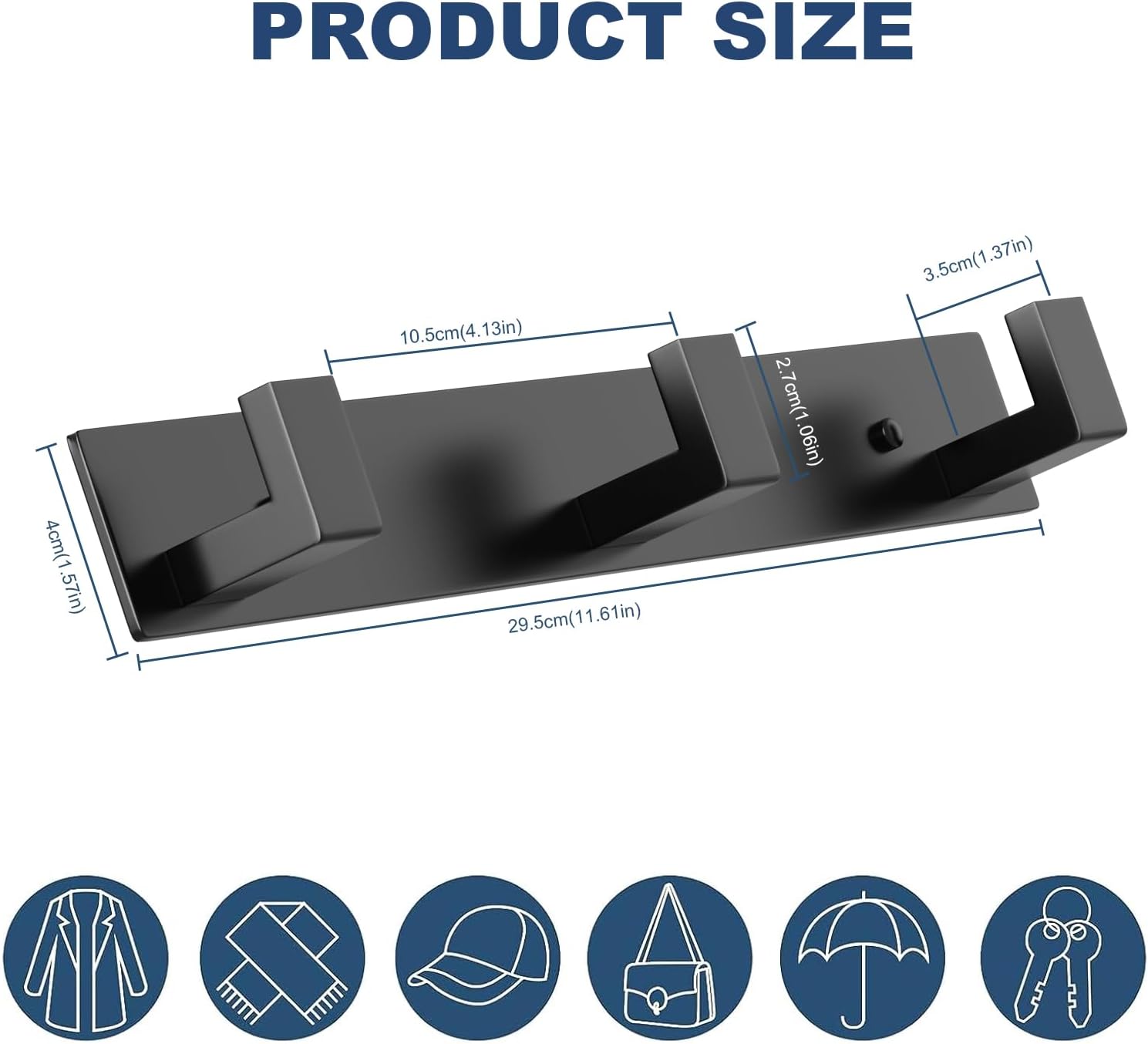 PMMASTO Wall Mounted Coat Hooks- Stainless Steel Rust-Resistant Bathroom Hangers for Towels/Hats/Coats, Heavy-Duty Wall Mount Hooks with Screws (Black 3 Hooks, 2-Pack)