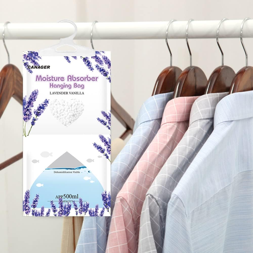 CANAGER Moisture Absorber -12 Pack,Lavender Vanilla Hanging Humidity Bag,Home,Car, and Closet Dehumidifiers and Deodorizers (12.5OZ)