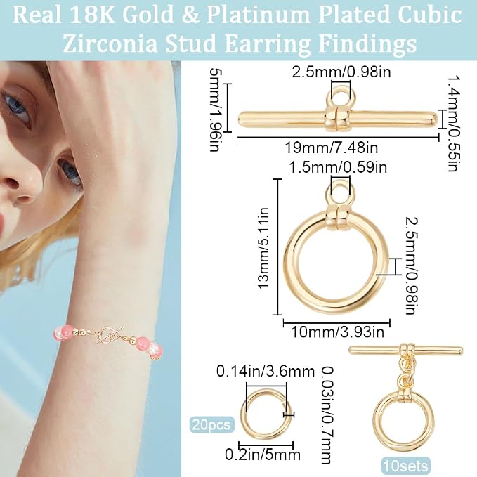 Beebeecraft 1 Box 10Pcs T-bar Closure Connectors 18K Gold Plated Smooth Ring - Image 2