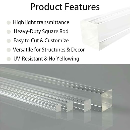 8Pcs Clear Acrylic Square Rods, 12mm x 300mm Thick Transparent Plastic Dowel - Image 3