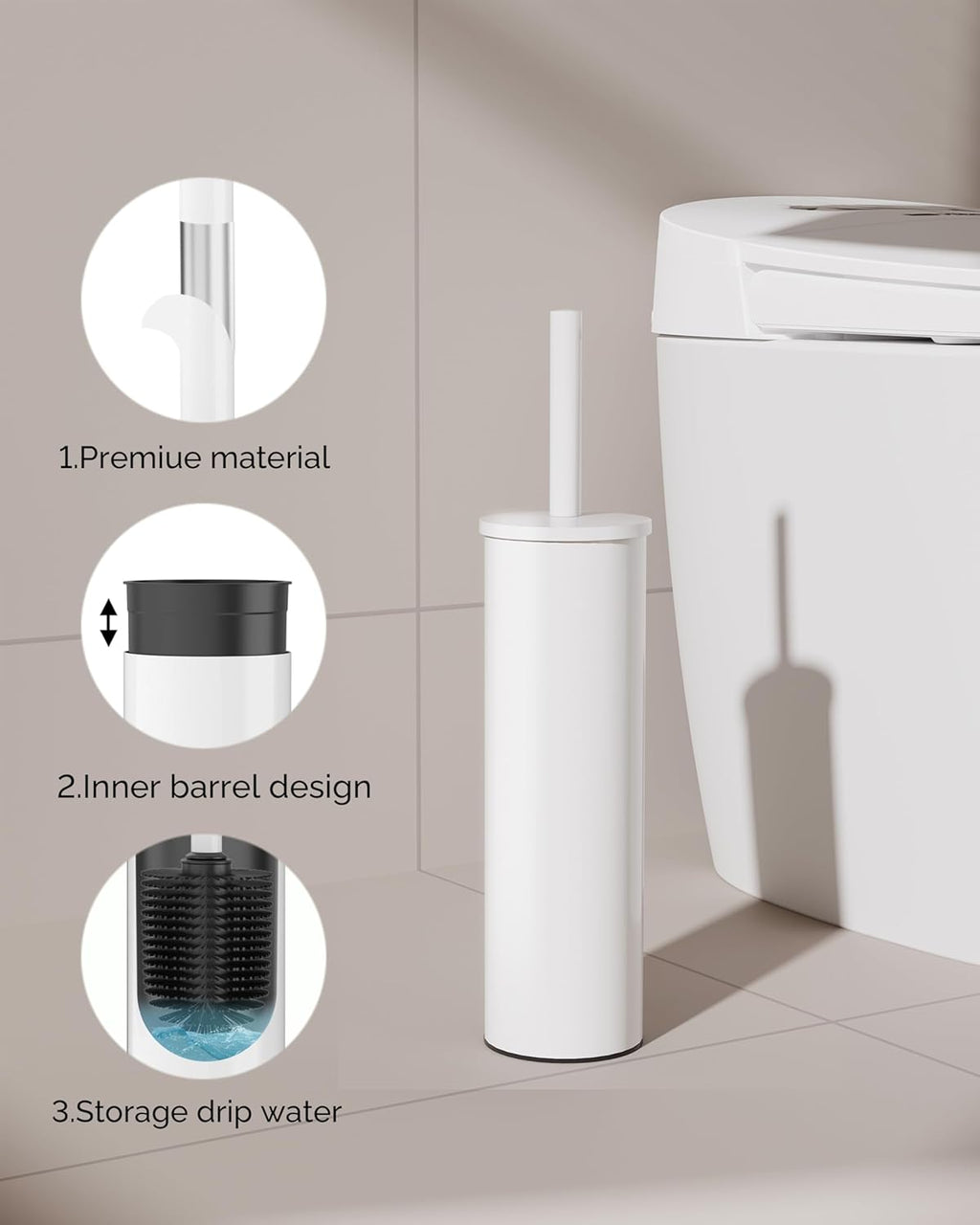 Toilet Brush and Holder Set, 2 Pack Stainless Steel Toilet Bowl Brush with Lid, Rust Proof Toilet Cleaner Brush with Caddy, Durable Bristles, Splash Proof, Ideal for Bathroom（White）