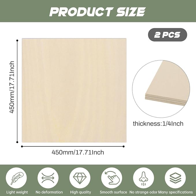2 Pack Plywood Sheets, 17.1" x 17.1"x 1/4" Basswood Sheets | 6mm Basswood Craft - Image 2