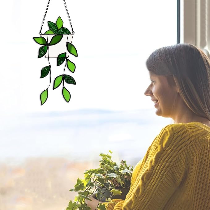 Green Stained Glass Suncatcher for Window, Artificial Fake Plant Decor Hanging - Image 5
