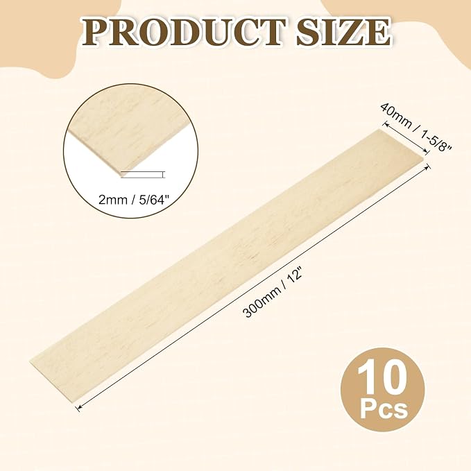 MECCANIXITY 10Pcs Wood Strips Slats, 5/64" x 1‑5/8" x 12" Thin Wood Sticks Flat - Image 2