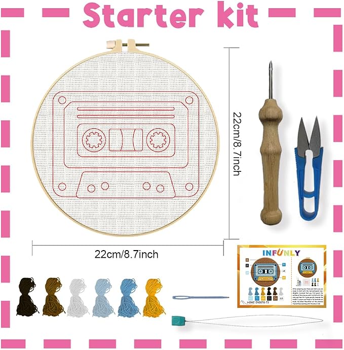 INFUNLY Cassette Tape Punch Needle Embroidery Kit 8.7" DIY Punch Embroidery Kit - Image 2