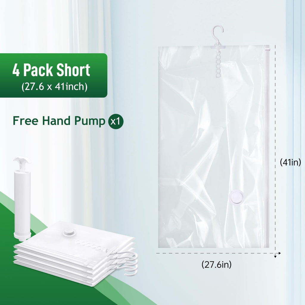 Hanging Vacuum Storage Bags For Clothes With Hand Pump,Coat Storage Bag Hanging,Vacuum Bags For Clothes,Space Saver Vacuum Storage Bags,Garment, Clothing, Dress, Suit, Long Coat, Jacket(Short 4 Pack）