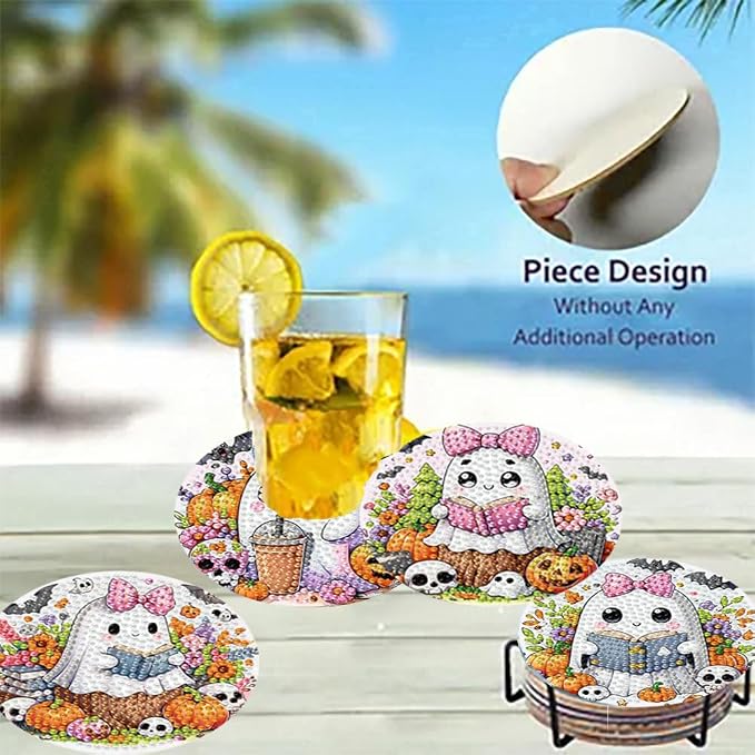 8 Pack Diamond Art Coasters, Halloween Ghost Diamond Painting Coasters Kits | - Image 4