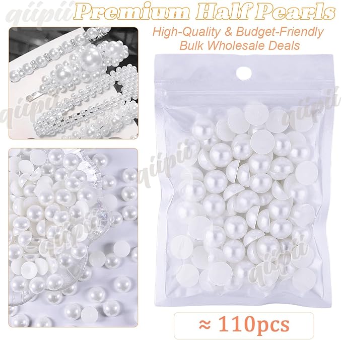 qiipii 110PCS 12mm Pure White Round Half Round Pearls - Image 2