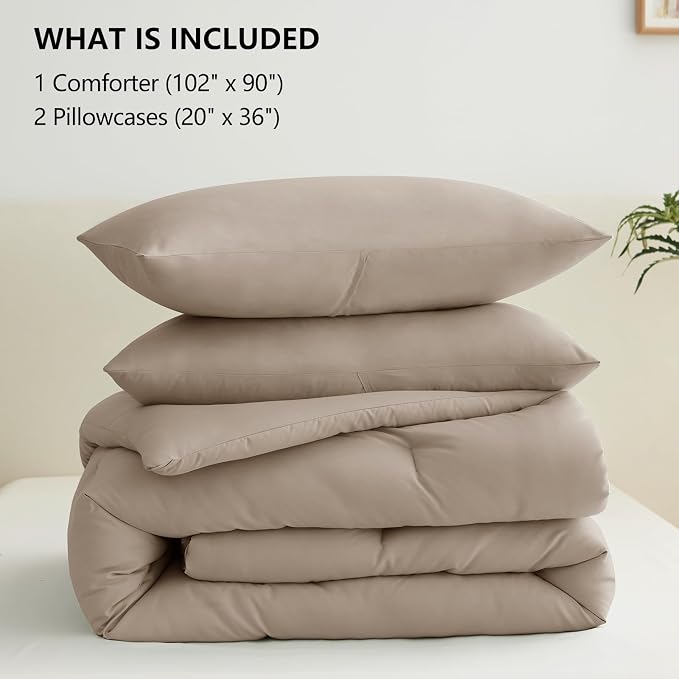 CozyLux King Size Comforter Set Khaki, 3 Pieces Solid Comforters King Size - Image 7
