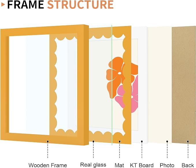 8x8 Picture Frame with Wavy Mat, Wooden Real Glass 8 x 8 Photo Frame - Image 4
