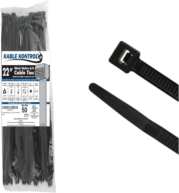 Kable Kontrol Heavy Duty Cable Zip Ties 50 Pcs 22 Inch Black, 250 Lbs Tensile by KABLEKONTROL%C2%AE