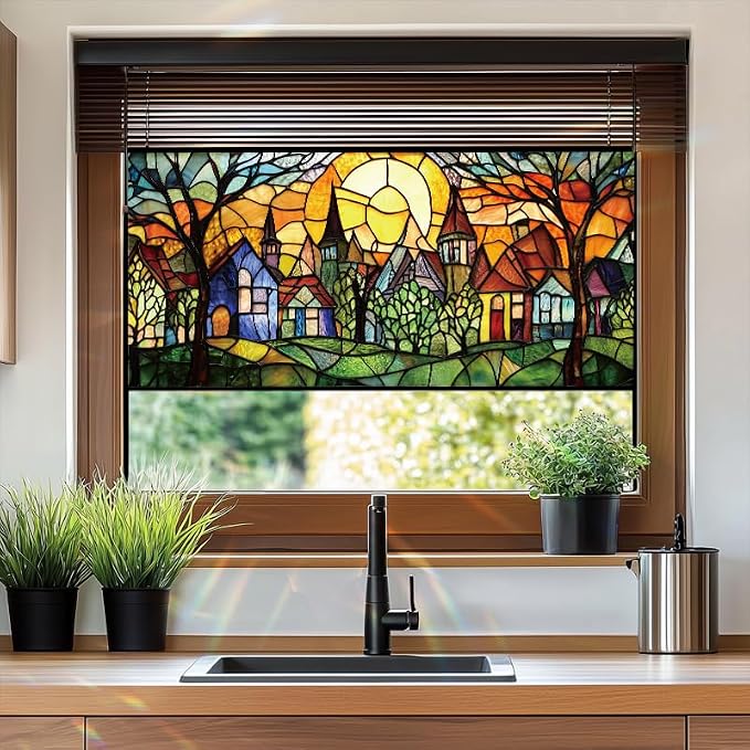 Colorful Fairy Village Stained Glass Window Film 17.71x39.97 Inch Sunlit Houses - Image 6