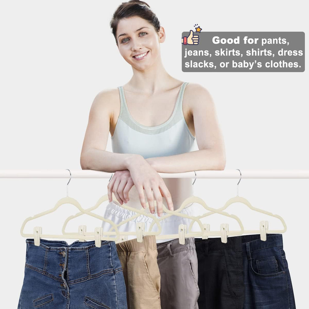 Beige Velvet Hangers (50-Pack), Non-Slip Velvet Clips for Skirts, Suits