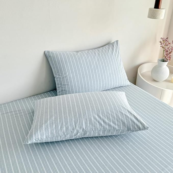 PinkMemory Blue Striped Duvet Cover Set King 100% Washed Cotton Blue Stripes - Image 5