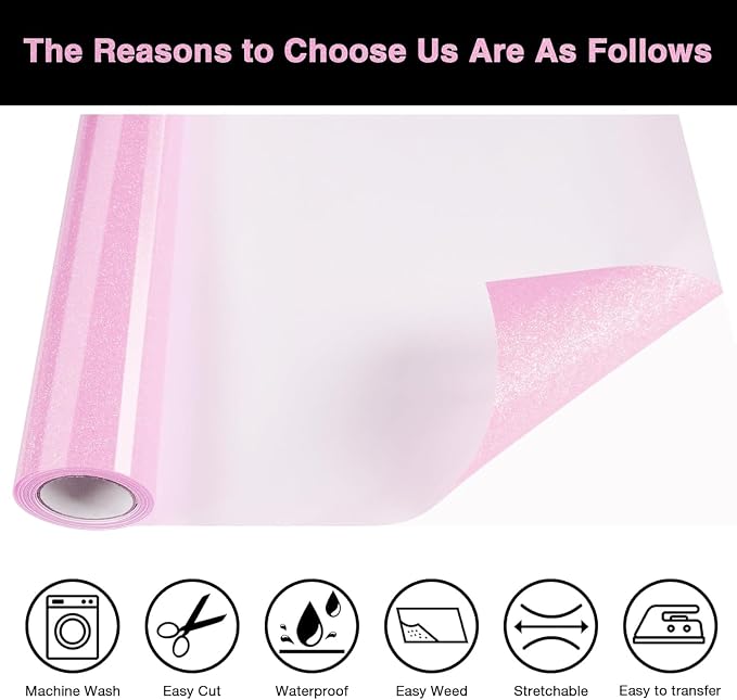 Pink Glitter HTV Heat Transfer Vinyl Roll 12inch x 10 ft - Image 3
