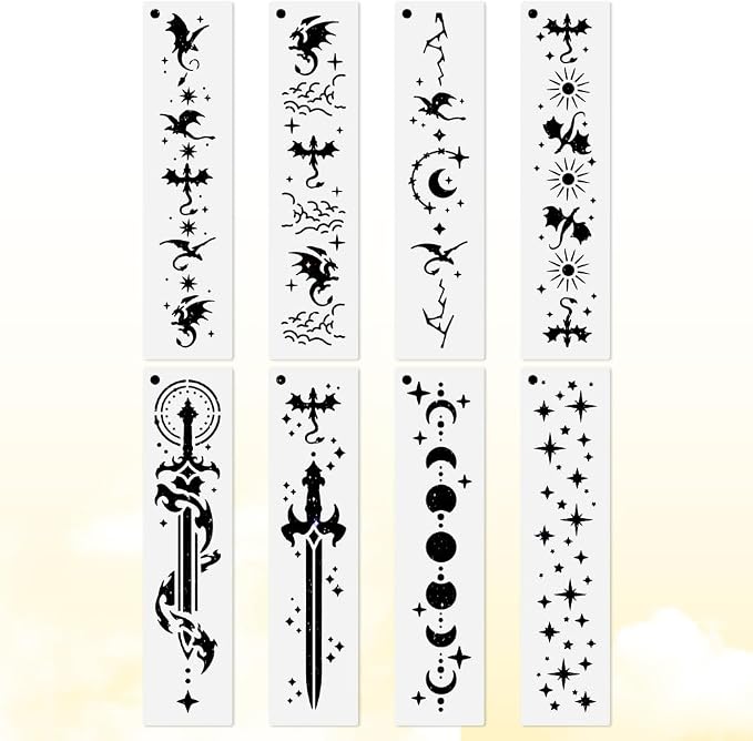 8Pcs Book Edge Stencils for Painting, 11.8"x 2.9" Reusable Dragon Sword Star by Doodlream
