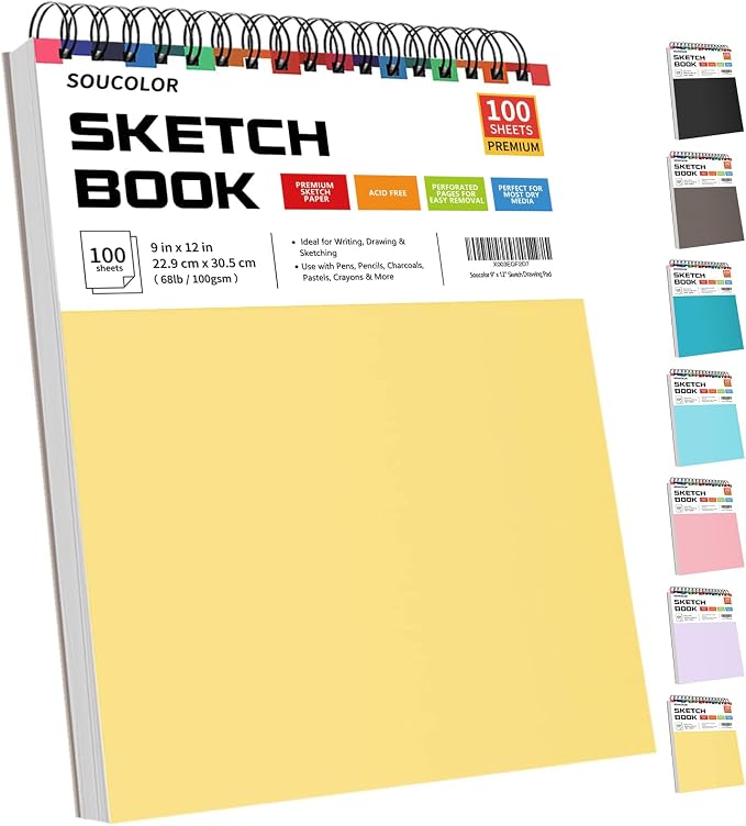 Soucolor 9x12 Spiral Sketch Book, 100 Sheets, Acid-Free Drawing Pad by Soucolor