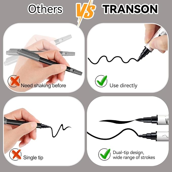 TRANSON 4 Black and 4 White Paint Markers Brush and Fine Dual-tip Acrylic Paint - Image 5