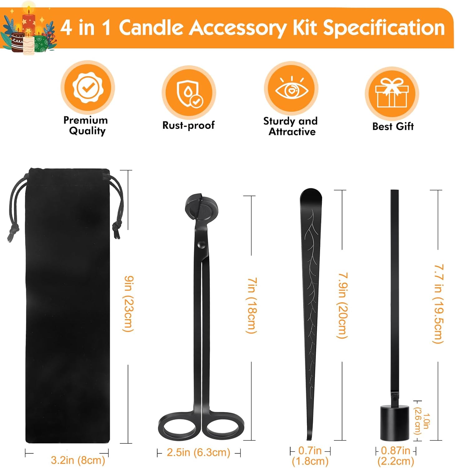 4 in 1 Candle Accessories Kit - Professional Wick Trimmer, Snuffer and Dipper with Velvet Pouch, Gift Package for Candle Lovers (Black)