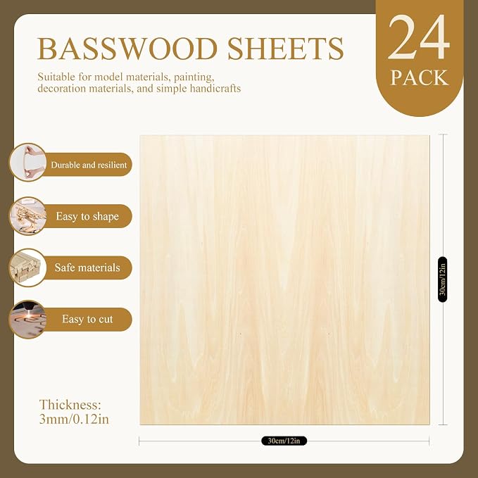 QSJQllo 24 Pack 12"x12"x1/8" Basswood Sheets, 3mm Basswood Plywood, Craft Wood - Image 2