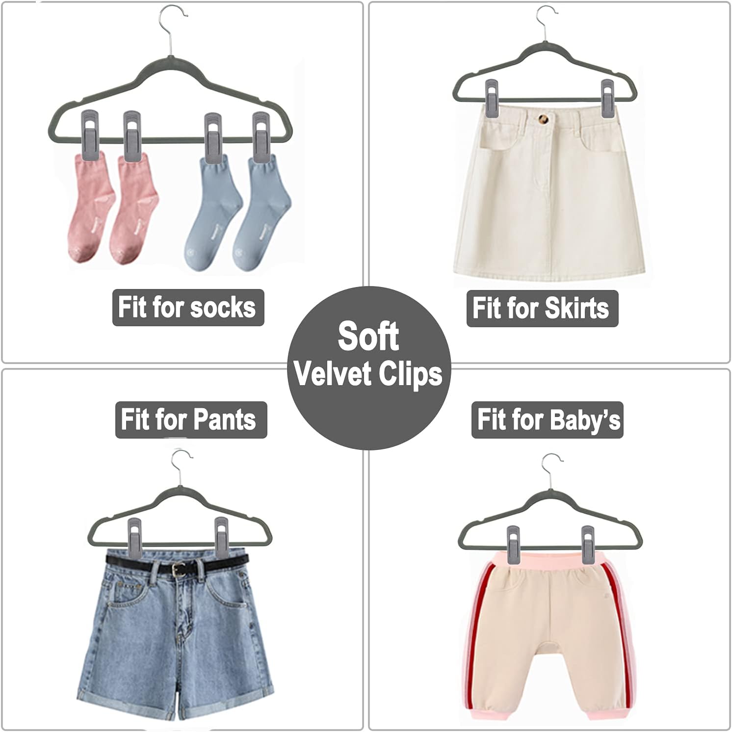 Grey Velvet Hangers Clips (80-Pack), Non-Slip Strong Velvet Hangers Clips for Velvet Skirt Hangers, Velvet Pants Hanger Velvet Clips Fit for Thin Velvet Clothes Suit Hangers