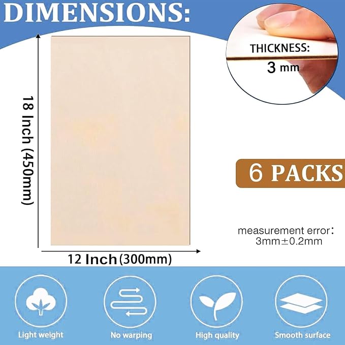 6 Pack Basswood Sheets for Crafts 12x18x1/8 Inch, 3mm Thick Unfinished Balsa - Image 2