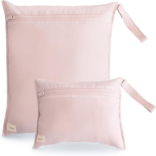 mushie Water Resistant Wet Bags | Large & Small Reusable Storage Bag for Baby Items and Travel | Zippered Pockets with Handle | Machine Washable, Set of 2 (Blush)