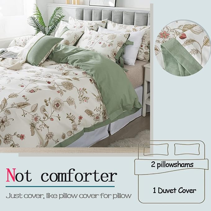 FADFAY Floral Bedding Set Full 100% Cotton Shabby and Chic Beige Green - Image 4
