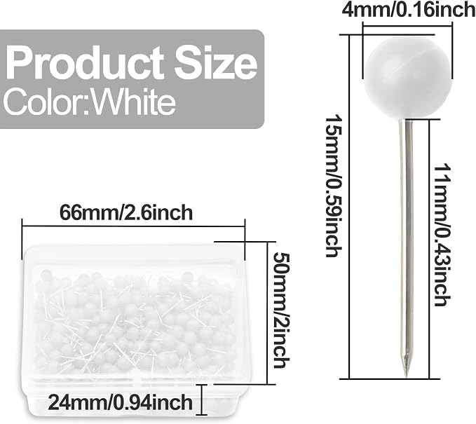 White Map Pins, 1/8 Inch, Round Ball Head | Map Tacks, Push Pins - Image 2