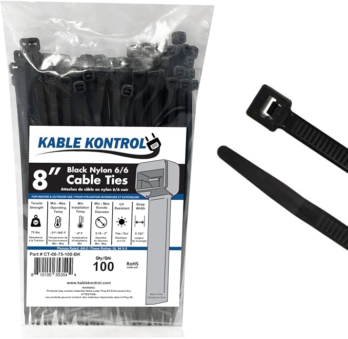 Kable Kontrol Black Zip Ties 8 Inch 100 Pcs, 75 Lbs Tensile Strength, by KABLEKONTROL%C2%AE
