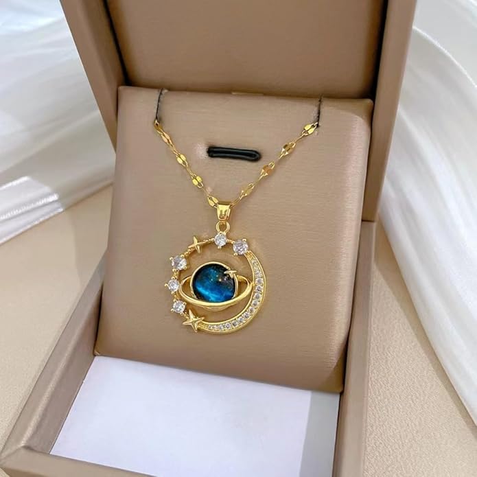 18K Gold Plated Diamond Saturn Pendant Choker Necklace Aesthetic Space Planet - Image 2