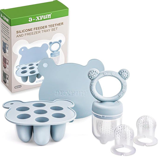 Silicone Baby Fruit Food Feeder & Mini Freezer Nibble Tray, Breastmilk Popsicle Molds for Baby Teething Relief, BPA Free Silicone Teething Toys Feeder for Safe Infant Self Feeding, Extra Food Pouches